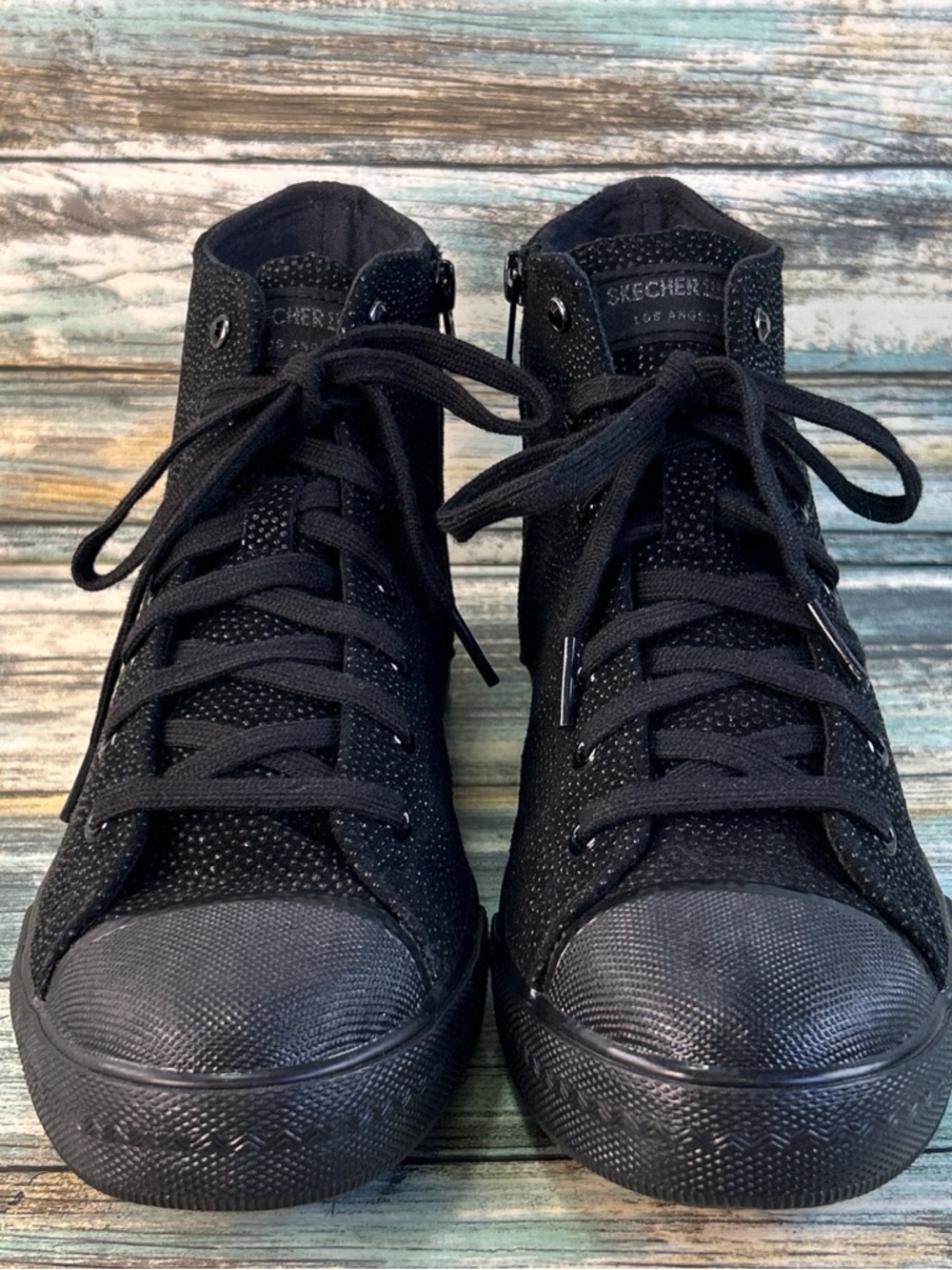 Skechers Street LA High Top Sneakers Womens 8 Black Textured Leather Tennis Shoe - Picture 1 of 14
